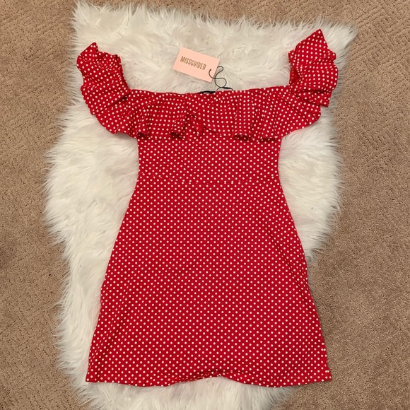 red polka dot dress missguided Missguided Red Polka Dot Bardot Frill Skater Dress